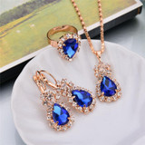 Fashion Wedding Gift Jewelry Gold Color Water Drop Shape Crystal Earrings Necklace Adjustable Rings Set Women Jewelry Sets
