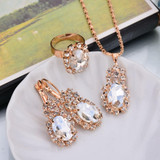 Fashion Wedding Gift Jewelry Gold Color Water Drop Shape Crystal Earrings Necklace Adjustable Rings Set Women Jewelry Sets