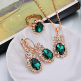 Fashion Wedding Gift Jewelry Gold Color Water Drop Shape Crystal Earrings Necklace Adjustable Rings Set Women Jewelry Sets