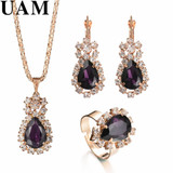 Fashion Wedding Gift Jewelry Gold Color Water Drop Shape Crystal Earrings Necklace Adjustable Rings Set Women Jewelry Sets