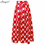 Fashion Vintage High Waist Polka Dots Printed Maxi Skirt Fall Casual Elegant Women Long Skirt Black/Blue/Red Pleated Skirt