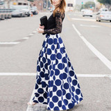 Fashion Vintage High Waist Polka Dots Printed Maxi Skirt Fall Casual Elegant Women Long Skirt Black/Blue/Red Pleated Skirt