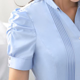 Fashion V-Neck short sleeve slim women shirt OL Formal Business puff sleeve chiffon blouse office ladies plus size wor wear tops