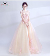 QUEEN BRIDAL Evening Dresses Ball Gown Champagne Pink Appliques Flowers Beads Party Evening Gown Vestido De Festa 2018 New LS18M