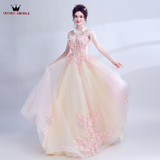 QUEEN BRIDAL Evening Dresses Ball Gown Champagne Pink Appliques Flowers Beads Party Evening Gown Vestido De Festa 2018 New LS18M