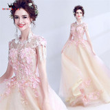 QUEEN BRIDAL Evening Dresses Ball Gown Champagne Pink Appliques Flowers Beads Party Evening Gown Vestido De Festa 2018 New LS18M