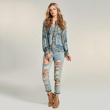 Bohoartist Women Blouse Bohemian Chic Flower Print Lantern Sleeve Folk Custom Clothing Lace Up Female Casual Slim Blouses New