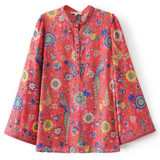 Boho Vintage Birds Floral Print Blouse Shirts Women 2018 New Fashion O Neck Long Flare Sleeve Laides Blouses Casual Femme Blusas