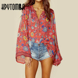 Boho Vintage Birds Floral Print Blouse Shirts Women 2018 New Fashion O Neck Long Flare Sleeve Laides Blouses Casual Femme Blusas