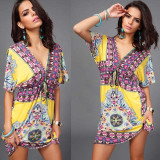 Boho Summer Women Dress Sexy Loose Sundresses Deep V Ethnic Dashiki Print Tunic Beach Dresses Big Size 2XL Woman SunDress Robe