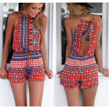 Boho Red Floral Print Playsuit Women Short jumpsuit Elegant Summer Blue Floral Jumpsuits Rompers Sexy Beach Girls Short Overalls