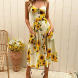 Boho Midi Dress Women Female Sexy Spaghetti Strap Floral Printed Dress Vestidos Buttons Pockets Sundress Print Plus Size GV462