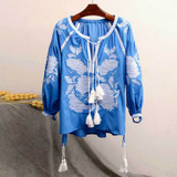 Boho Inspird Rose Embroidered Blouse Long lantern Sleeve V-neck tassles linen tops women chic ukraine blouses shirts 2018 blusas