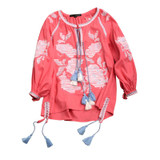 Boho Inspird Rose Embroidered Blouse Long lantern Sleeve V-neck tassles linen tops women chic ukraine blouses shirts 2018 blusas
