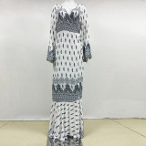 Boho Dress Women Floral Print Long Flare Sleeve Dress Femme Holiday V Neck Sexy Dress Bohemian Loose Beach Maxi Dress Vestidos