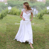 Bohemian Wedding Dress Lace and Chiffon Open Back with Cap Sleeves Cheap Beach Wedding Dress Vestidos de Novia