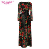 Bohemian style women long dress S.FLAVOR rose printing O-neck long sleeve casual vestidos with belt Autumn fashion chiffon dress