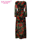 Bohemian style women long dress S.FLAVOR rose printing O-neck long sleeve casual vestidos with belt Autumn fashion chiffon dress