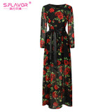 Bohemian style women long dress S.FLAVOR rose printing O-neck long sleeve casual vestidos with belt Autumn fashion chiffon dress
