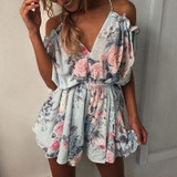 Bohemian Loose Strap Playsuit Print Big Pink Flower Floral Ruffles Short Pant Jumpsuit Rompers Women Overalls Bodysuit Coveralls