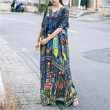 Bohemian Beach Dress Kaftan Ethnic Cotton Rayon Maxi Dress Women Vintage V-neck Tunic Boho Casual Printed Long Dress