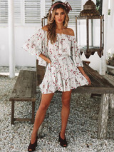 Bohemia Printed Flared Sleeves Off-the-shoulder Mini Dresses