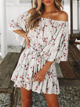 Bohemia Printed Flared Sleeves Off-the-shoulder Mini Dresses