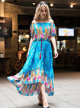 Bohemia Floral-Print Short  Sleeve Off-Shoulder Tassels Beach Dress
