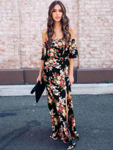 Bohemia Floral Off shoulder Split-side Maxi Dress