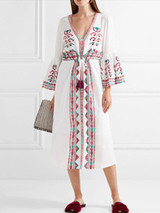 Bohemia Embroidery V-Neck Flared Sleeves Midi Dress