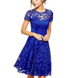 Oioninos Women Floral Lace Dress Short Sleeve Party Casual Blue Mini Dresses