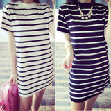 Oioninos Summer Fashion Women Striped Round Neck Mini Dress Female Casual Short Sleeve Dress