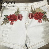 OHRYIYIE Plus Size White Embroidery Shorts Women 2017 Summer Sexy Hole High Waist Denim Shorts Flowers Short Jeans Femme 24-30