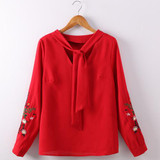 Office Women Blouses Embroidery White Shirt Bow Chiffon Blouse Women Blusa Feminina Embroidered Tops Plus Size Feminine Shirts