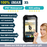 Waterproof iMAN X5 Mobile Phone IP67 4.5 inch MTK6580 Quad Core Android 5.1 1GB RAM 8GB ROM 5MP GPS 3000mah 3G WCDMA Smartphone