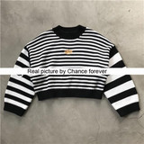 Pattern stripe knitted sweater women pullover winter cropped unif black white embroidery Loose Oversize Crayola Pullovers