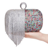 Patchwork Colorful Women Evening Bags Chain Shoulder Messenger Purse Bag Tassel Rhinestones Finger Ring Evening Clutch Bag