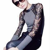 Patchwork Fabric Knit Lace blouse shirt women clothes 2016 Autumn Winter New Fashion puff long sleeve Knitted Shirts Tops blusas