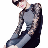 Patchwork Fabric Knit Lace blouse shirt women clothes 2016 Autumn Winter New Fashion puff long sleeve Knitted Shirts Tops blusas