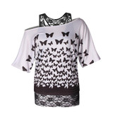 Patchwork Black Lace Blouse Batwing Sleeve Plus Size 5XL Women Blouses Shirts Casual Print Pattern Off Shoulder Shirts Blusas