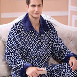 2017 Winter Spring Fall Keep Warm Thick Flannel Men Pajamas Set of Sleepcoat &amp; Trousers Coral Fleece Sleepwear Thermal Nightgown