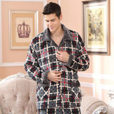 2017 Winter Spring Fall Keep Warm Thick Flannel Men Pajamas Set of Sleepcoat &amp; Trousers Coral Fleece Sleepwear Thermal Nightgown
