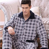 2017 Winter Spring Fall Keep Warm Thick Flannel Men Pajamas Set of Sleepcoat &amp; Trousers Coral Fleece Sleepwear Thermal Nightgown