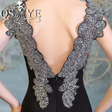 New Sexy Black Mermaid Evening Prom Dresses 2017 Vestido de Fiesta Beaded V Neck Stretch Satin Formal Occasion Party Gown