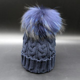 Fur Pompom Hat Ladies Warm Knitted Wool Beanie Cap Winter Dyed Real Raccoon Fur Hats For Women