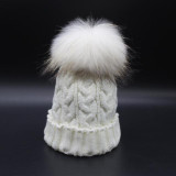 Fur Pompom Hat Ladies Warm Knitted Wool Beanie Cap Winter Dyed Real Raccoon Fur Hats For Women