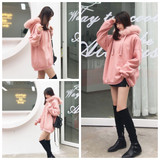 Fur Hooded Sweatshirt Women Autumn Winter Loose Sweatshirts Casual Pink Long Sleeve Outwear Female Thicken Hoodies Pullover Tops