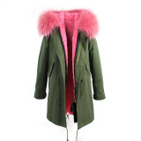 JAZZEVAR women's army green Large color raccoon fur hooded coat parkas outwear long detachable lining winter jacket brand style