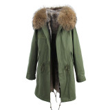 JAZZEVAR women's army green Large color raccoon fur hooded coat parkas outwear long detachable lining winter jacket brand style
