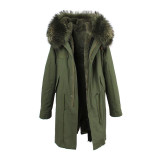 JAZZEVAR women's army green Large color raccoon fur hooded coat parkas outwear long detachable lining winter jacket brand style